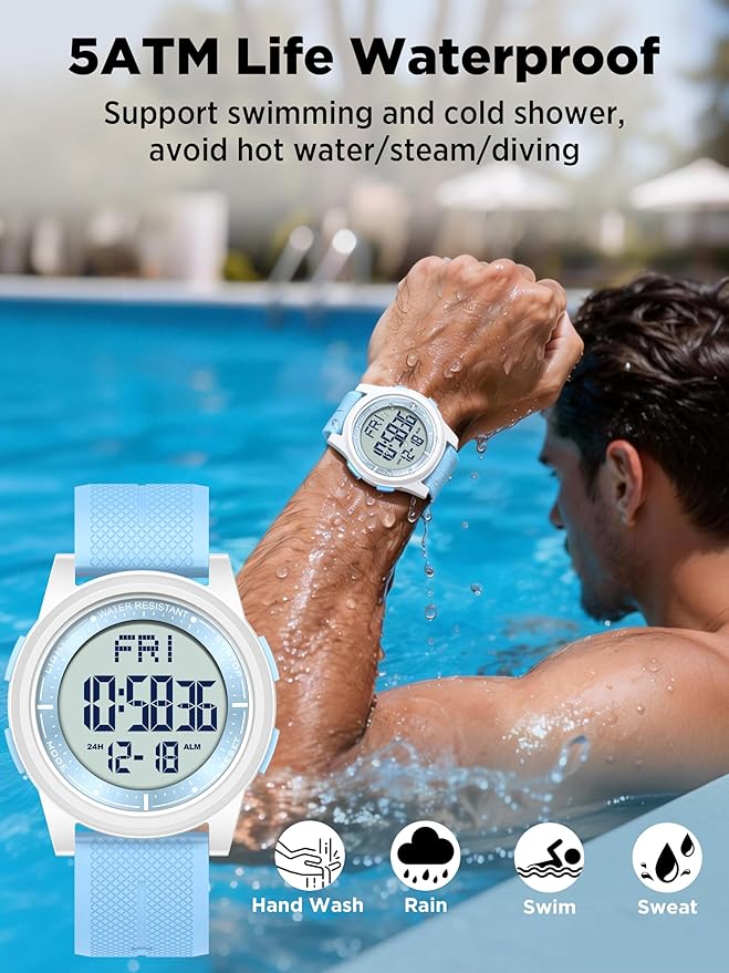 Beeasy Digital Watch for Men Women, 50M Waterproof, Ultra-Thin & Lightweight, 44mm Silicone Sports Watch with Alarm, Stopwatch, Countdown, Ideal for Gym, Running, School, Daily Wear