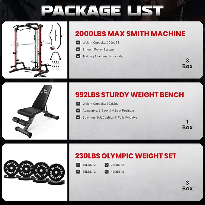 JELENS SR01 Smith Machine, 2000LBS Multi-Function Power Cage with LAT Pulldown System, All-in-One Home Gym Squat Rack with Smith Bar and Training Attachments for Full Body Workouts