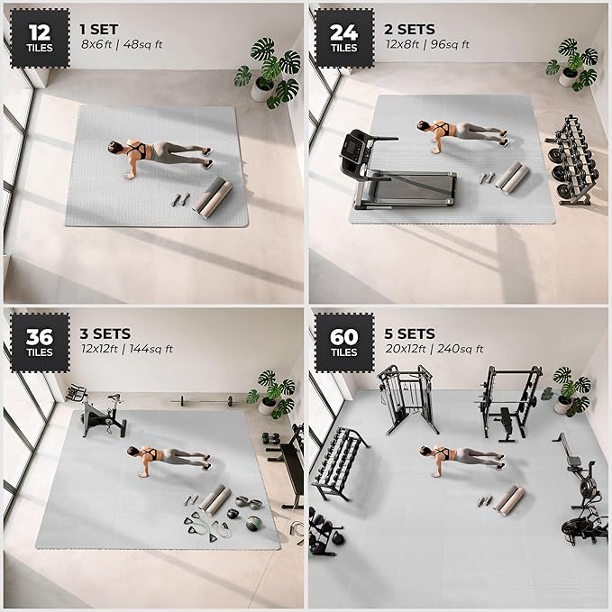 bemaxx Gym Mats Set - 12 pcs EVA Interlocking Foam Floor Tiles (24.4"x24.4"x0.4") 48 sqft Protective Gym Flooring Sports Home Workout Exercise Mats Puzzle Garage Fitness Play-Room Pool Treadmill Bike