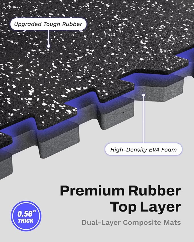 AIRHOP 0.56in Thick 192 Sq Ft Exercise Equipment Mats, 48 Tiles Upgraded Rubber Top with High Density EVA Foam, Large Interlocking Puzzle Gym Flooring for Home Gym, Heavy Weight Workout, 24 x 24in