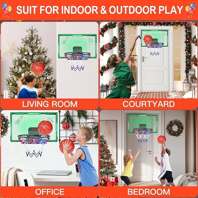 Awsoo Indoor Basketball Hoop for Kids, Mini Basketball Hoop with Electronic Scoreboard & LED, Over The Door Basketball Hoop with 4 Balls, Slam Dunk Basketball Toy for Boys Girls Age 3-12 (Green)