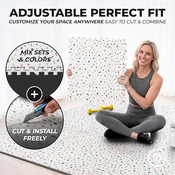 bemaxx Gym Mats Set - 12 pcs EVA Interlocking Foam Floor Tiles (24.4"x24.4"x0.4") 48 sqft Protective Gym Flooring Sports Home Workout Exercise Mats Puzzle Garage Fitness Play-Room Pool Treadmill Bike
