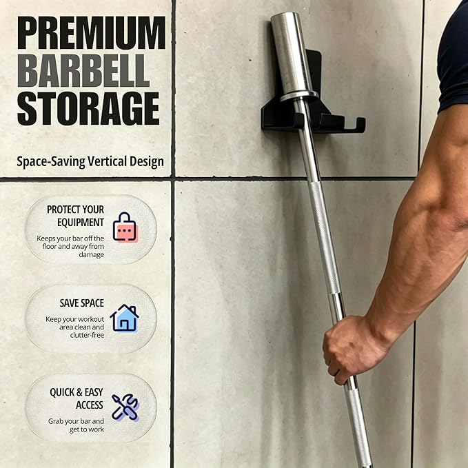 Olympic Barbell Hanger,Garage Gym Bar Wall Rack,Vertical Barbell Mount Rack,Space Saving Commercial or Home Gym Accessory,Holds Under 33mm Bar Size