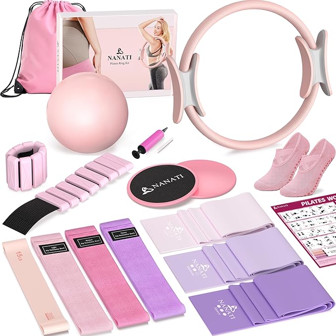 NANATI Pilates Kit, Home Pilates Workout Kit for Women, Pilates Equipment with 14.5" Pilates Ring and Ball, Resistance Bands, Ankle Weights, Sliders & Grip Socks Accessories for Starter Home Workouts