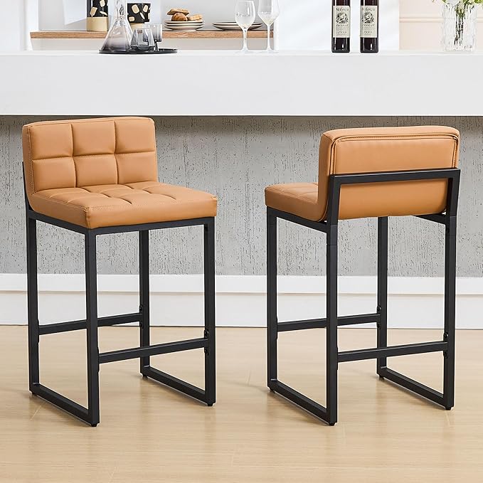 Counter Height Bar Stools Set of 2, Modern Faux Leather Counter Stools with Low Back and Footrest, Upholstered Bar Chairs for Kitchen Island, Bar, Counter (Caramel Brown, 2Pcs 26" Bar Stools)