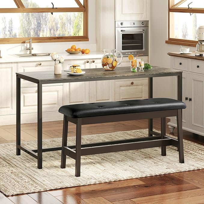 HOOBRO Dining Bench, Bamboo Dining Room Bench with PU Leather Upholstered Seat, for Kitchen, Living Room, Hallway, Kitchen, Entryway, Brown and Black CB13CD01