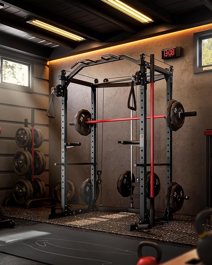GarveeLife Power Cage, Multi-Functional Power Racks for Home Gym with Cable Crossover System, 1600 LBS Weight Capacity Fitness Squat Rack for Strength Workout with More Training Attachment, Red