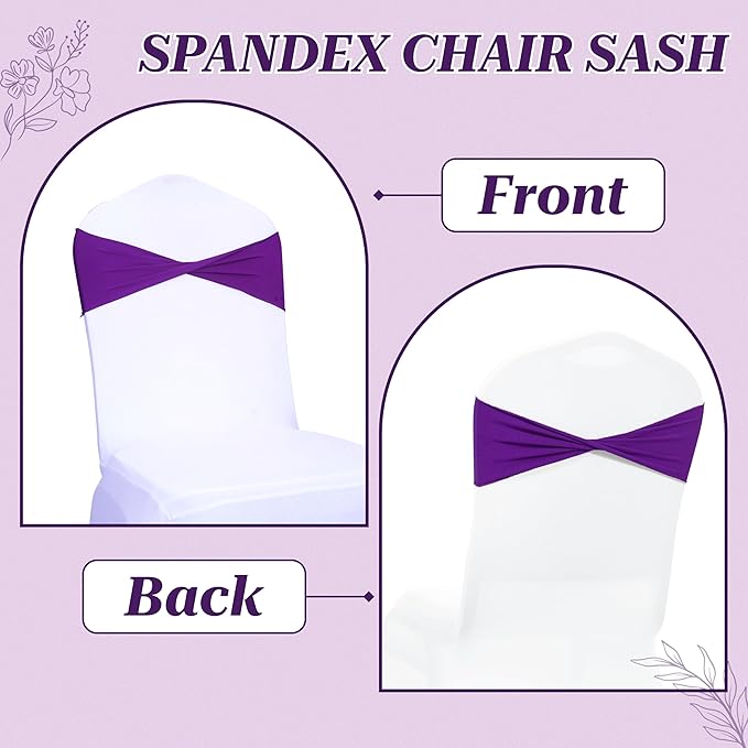 VDS Pack of 200 PCS | Purple | Spandex Chair Sashes Bows Without Buckle | Stretch Elastic Banquet Universal Folding Chair Band Tie with for Wedding Party Conference Celebration Event Decoration