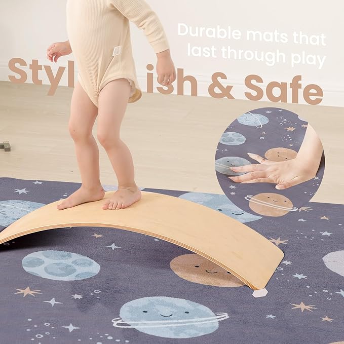 Baby Play Mat for Floor,1.3" Thick Cushioned Playpen Mat 50"x50",Extra Soft Elasti-Foam,Water Repellent Coral Velvet,Non-Slip for Crawling&Tummy Time,Infant Toddler Kids Nursery Rug(Space)