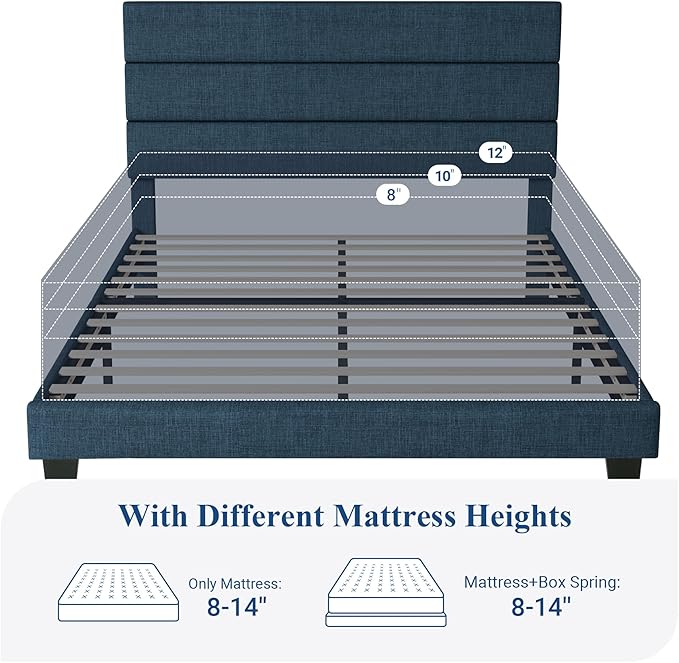 Allewie Queen Size Platform Bed Frame with Fabric Upholstered Headboard and Wooden Slats Support, Fully Upholstered Mattress Foundation/No Box Spring Needed/Easy Assembly, Navy Blue