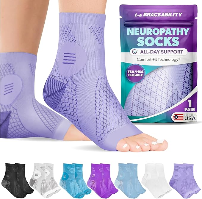 BraceAbility Neuropathy Socks (Pair) - Peripheral Neuritis Compression Diabetic Toeless Foot Sleeves for Nerve Damage Pain in Feet, Ankle Gout, Plantar Fasciitis Relief Brace for Men and Women (Lilac - Standard - 1 Pair, Large)