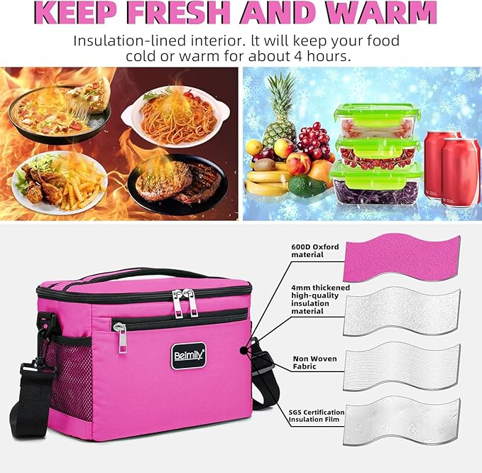BEIMILY Lunch Box for Men/Women,Small Insulated Lunch Bag,Reusable LunchBox for work Picnic Beach,Leakproof Soft Cooler Tote Bag Organizer with Adjustable Shoulder Strap for Adults(Dark pink)