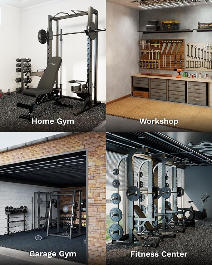 AIRHOP 0.56in Thick 24 Sq Ft Exercise Equipment Mats, 6 Tiles Upgraded Rubber Top with High Density EVA Foam, Large Interlocking Puzzle Gym Flooring for Home Gym, Heavy Weight Workout,Black