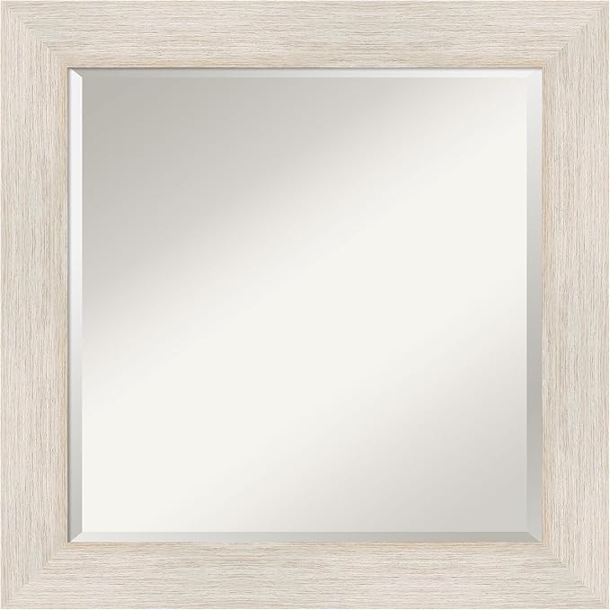 Amanti Art White Bathroom Mirror for Over Sink, 25x25 Hardwood White Wash Square Vanity Mirror, Medium Country Rustic Wood Frame, Hangs Horizonally and Vertically, Bathroom Wall Decor, Beveled Edge