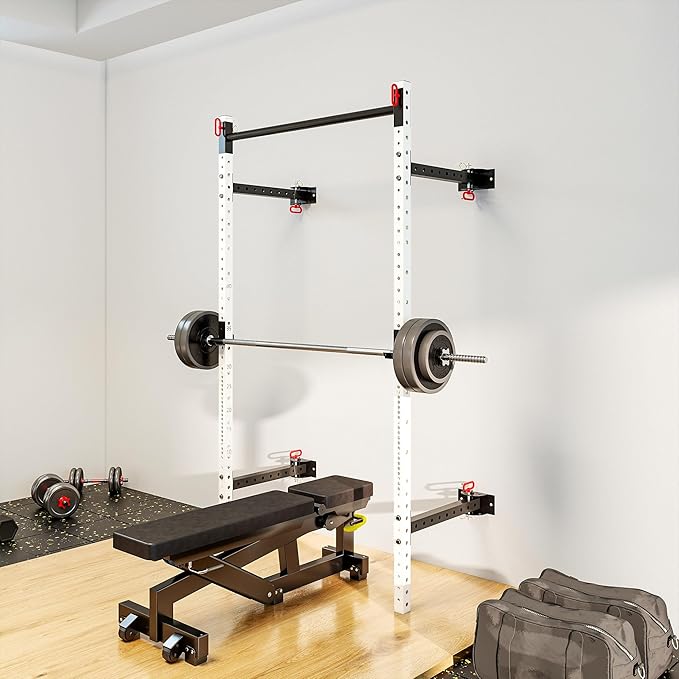 Soozier Folding Squat Rack with Adjustable Pull-Up Bar, 1000 Pounds Capacity Wall Mounted Power Rack, Adjustable Barbell Rack with J Hooks for Home Gym Full Body Workout