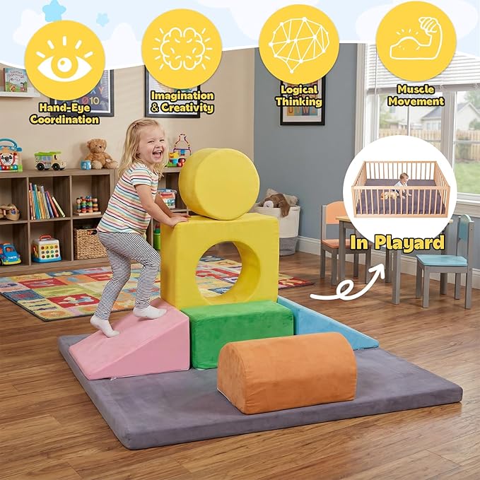 7-Piece Foam Climbing Blocks for Toddlers, Toddler Climbing Toys Indoor, Climb and Crawl Soft Foam Play Set with 47x47, 1.5" Thick Baby Play Mat for Floor, Removable & Machine-Washable Cover
