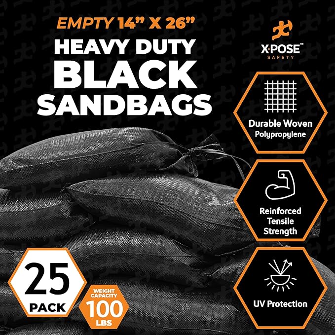 Xpose Safety Heavy Duty Sand Bags with Tie Strings – Empty Woven Polypropylene Sandbags for Hurricane Flood Protection, 100 lb Capacity, 14" x 26", Black, Pack of 25