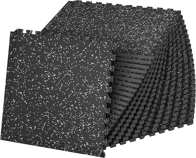 SUPERJARE 1" Extra-Thick Rubber Top Exercise Mat, Puzzle Gym Flooring for Home Gym, Gym Mat for Workout Equipment, Interlocking Floor Tiles with EVA Foam, 24 Pcs 96 Sq Ft, Black/Grey
