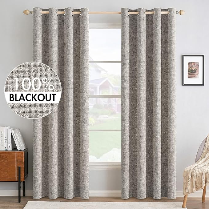 MIULEE 100% Blackout Linen Textured Curtains for Bedroom Solid Thermal Insulated Warm Taupe Grommet Room Darkening Curtains & Drapes Luxury Decor for Living Room Nursery 52 x 84 Inch (2 Panels)