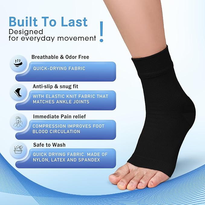 ACTINPUT 2 Pack Ankle Brace Compression Sleeve 8-15 mmHg Open Toe Сompression Socks Women&Men for Swelling,Plantar Fasciitis,Sprain Black S/M