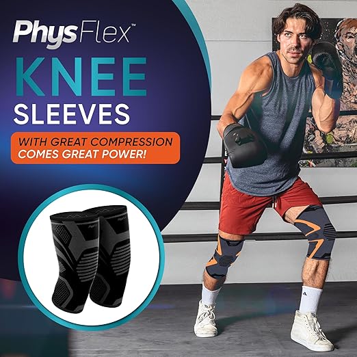 PhysFlex Knee Brace for Pain Relief - Knee Compression Sleeves for Men and Women - Support for Weightlifting, Gym, Workout, Volleyball, Arthritis (2XL, Black)