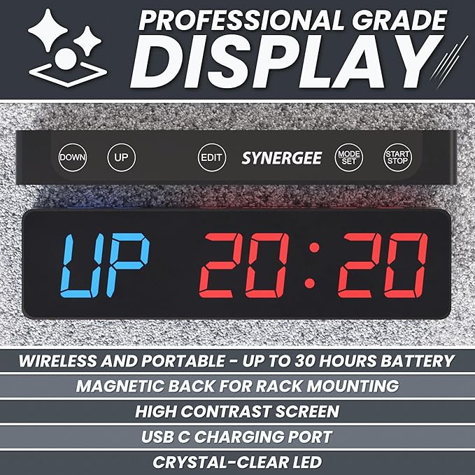 Synergee Magnetic Gym Timer Clock – Powerful Built-in Magnet, 30-Hour Battery Life, LED Display, Stopwatch, Tabata, EMOM & Interval Timer for Home Gym, Garage, or School Workouts