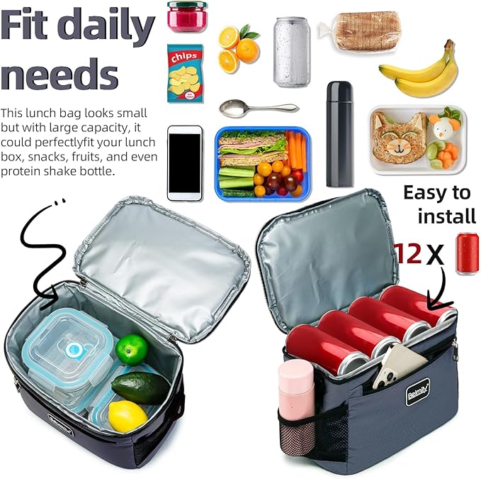 BEIMILY Lunch Box for Men/Women,Small Insulated Lunch Bag,Reusable LunchBox for work Picnic Hiking Beach,Leakproof Soft Cooler Tote Bag Organizer with Adjustable Shoulder Strap for Adults(Gray)