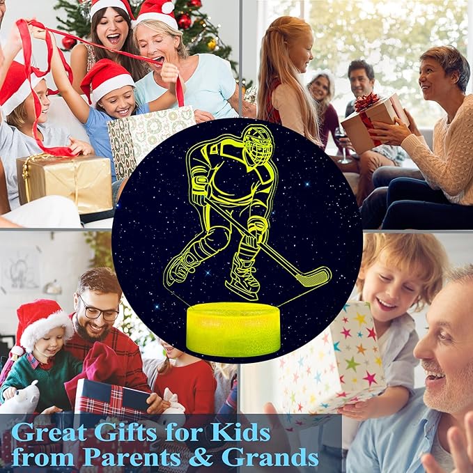 Hockey Night Light, Ice Hockey Gifts, Hockey 3D Lamp with Remote Control, 16 Colors Changing, RGB Flashing Mode, Timer and Dimmable for Birthday Xmas Cool Figurines Gifts for Room Decor Boys Girls