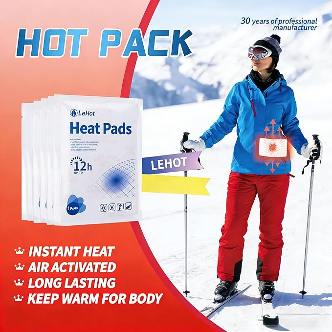 Hot Body Warmers - 40 Pack Disposable Adhesive Patches for Up to 12 Hours of Safe, Natural Heat, Ideal for Outdoor Activities like Skiing, Hiking & More, Fastest Activation for On-the-Go Warmth.