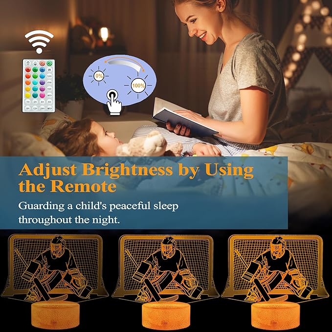 Hockey Night Light, Hockey Goalie Gifts, 3D Illusion Lamp with Remote Control, 16 Colors Changing, RGB Flashing Mode, Timer and Dimmable, Hockey Gifts for Boys Christmas Decor