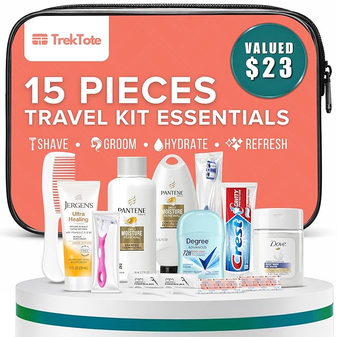 15 Piece Set Women’s Travel & Hygiene Kit with Clear Toiletry Bag, Personal Care Essentials, Single Kit or Bulk Case Packs, TSA Approved Toiletry Kit for Travel, Vacation, Everyday Essentials