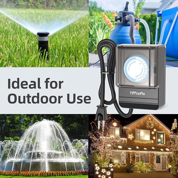 TiFFCOFiO Outdoor Heavy Duty Mechanical Timer Outlet Waterproof, 15 Minutes Intervals, 24 Hour Outdoor Pool Pump Timer with 2FT Cord, 2 Grounded Outlets for Outdoor Lights, 15A/1875W