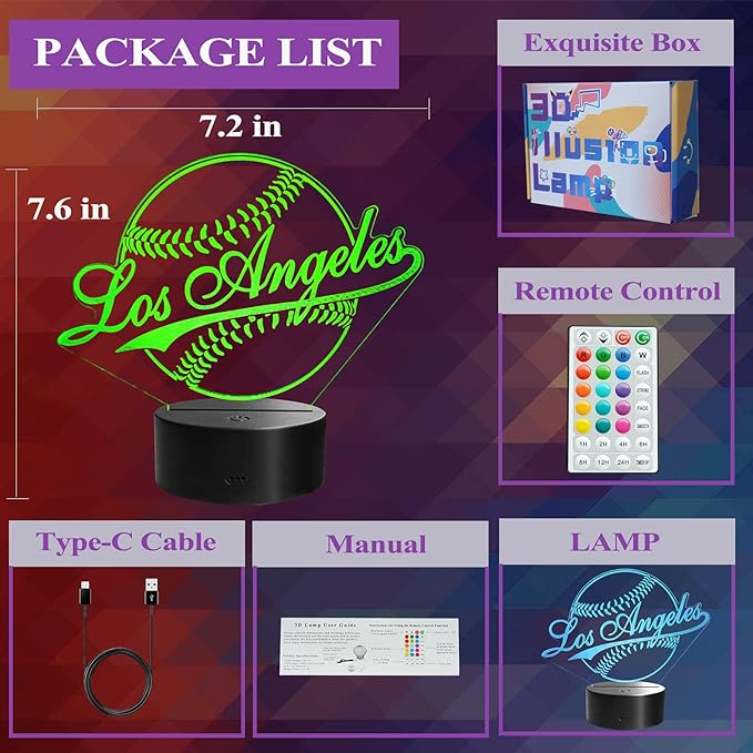 Baseball Los Angeles Night Light, LA Baseball Sport Gifts for Boy, 3D Illusion Lamp with Remote Control, 16 Colors Changing, RGB Flashing Mode and Dimmable, Gifts for Boys Christmas Decor