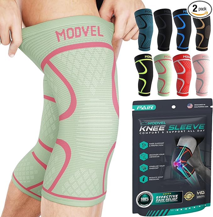Modvel Knee Braces for Knee Pain Women & Men - 2 Pack Knee Brace for Knee Pain Set, Knee Brace Compression Sleeve, Knee Support for Knee Pain Meniscus Tear, ACL & Arthritis Pain Relief,Cream/Pink XS