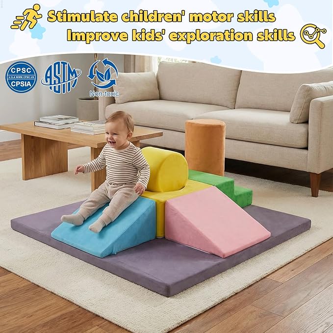 7-Piece Foam Climbing Blocks for Toddlers, Toddler Climbing Toys Indoor, Climb and Crawl Soft Foam Play Set with 47x47, 1.5" Thick Baby Play Mat for Floor, Removable & Machine-Washable Cover