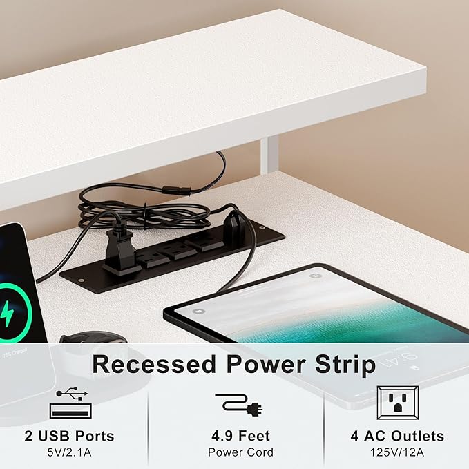 Need 60 inch Computer Desk with LED Lights & Power Outlets, Large Home Desk with Monitor Shelf, Writing Table Gaming Desk Home Office Desk, White