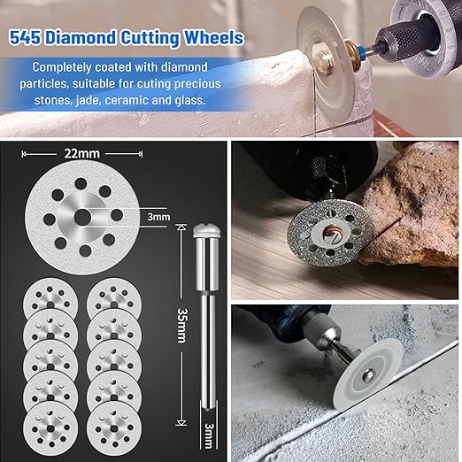 Cutting Wheel Set for Dremel Rotary Tool, HSS Circular Saw Blades, Resin Cutting Discs, 545 Diamond Cutting Wheels, 3 Different Cut off Wheels for Cutting Wood, Glass, Plastic, Stone, Metal, DIY Craft