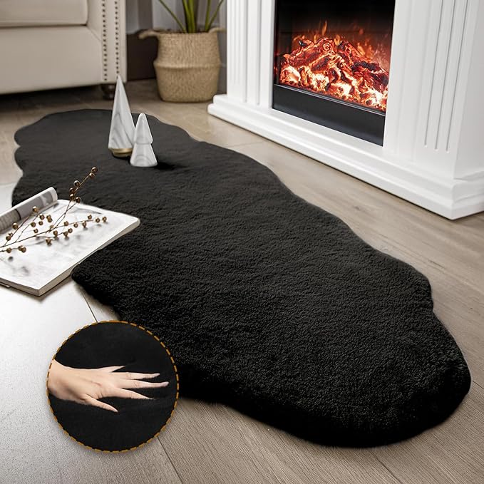 Ashler HOME DECO Ultra Soft Faux Rabbit Fur Chair Couch Cover Area Rug for Bedroom Floor Sofa Living Room Black 2 x 6 Feet