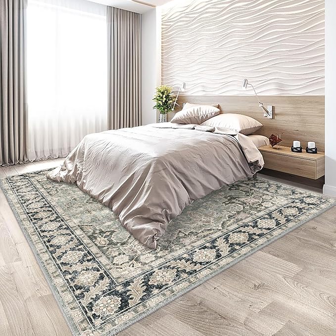 9x12 Area Rugs - 9x12 Washable Area Rug Indoor Vintage Rug Print Rug Low-Pile Floor Carpet for Living Room, Bedroom (Olive Charcoal)