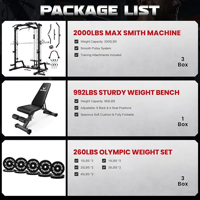 JELENS SR01 Smith Machine, 2000LBS Multi-Function Power Cage with LAT Pulldown System, All-in-One Home Gym Squat Rack with Smith Bar and Training Attachments for Full Body Workouts