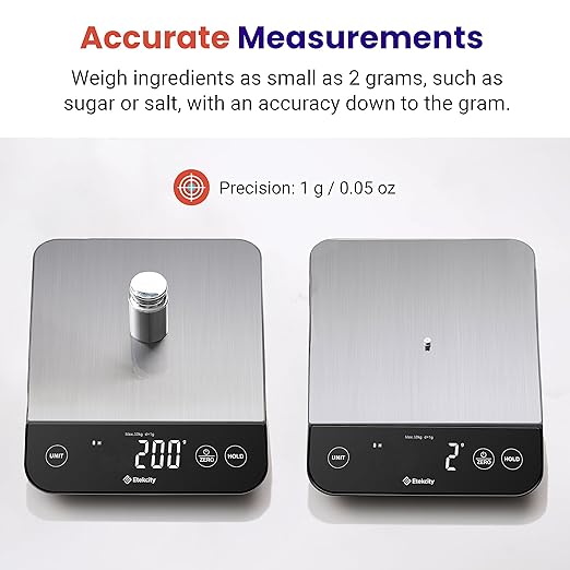 Etekcity Digital Food Kitchen Scale, Grams and Oz for Weight Loss, Baking and Cooking, 0.05oz/1g Precise Graduation,5 Weight Units, IPX6 Waterproof, USB Rechargeable,304 Stainless Steel-Silver, 22lb