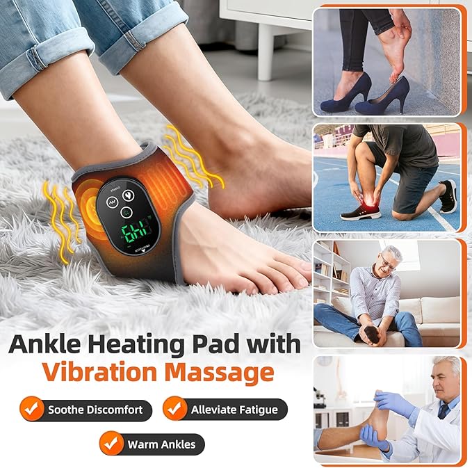 Cordless Ankle Heating Pad, Foot and Ankle Massager for Pain Relief, Rechargeable Heated Ankle Wrap with 4 Heats, 2 Vibrations, 3 Timers (Black)