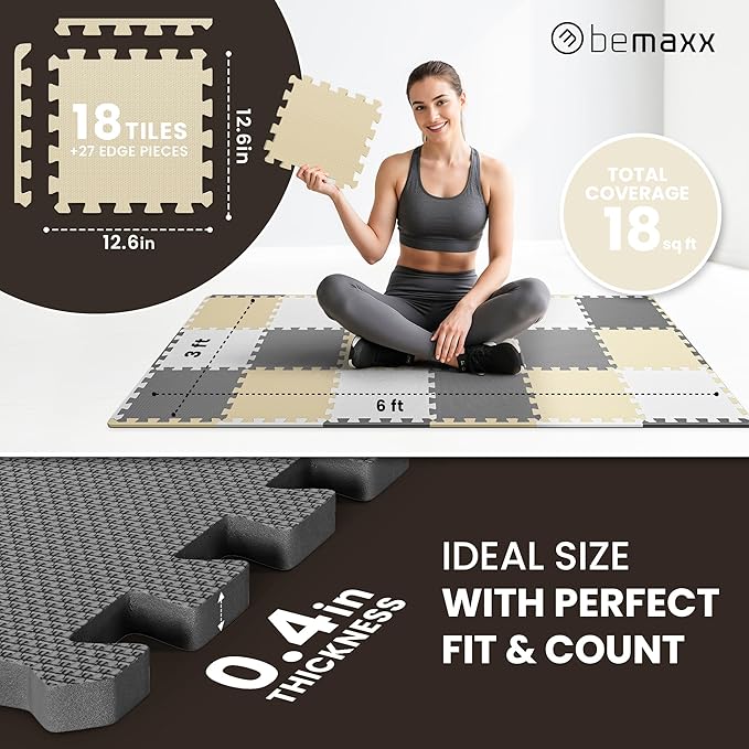 bemaxx Gym Mats Set - 18 pcs EVA Interlocking Foam Floor Tiles (12.6"x12.6"x0.4") 18sqft Protective Gym Flooring Sports Home Workout Exercise Mats Puzzle Garage Fitness Play-Room Pool Treadmill Bike