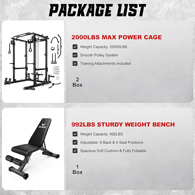 JELENS C12 Squat Rack for Home Gym, 2000LBS Power Rack with Adjustable Pulley System, Power Cage Workout Equipment with LAT Pulldown and Training Attachment