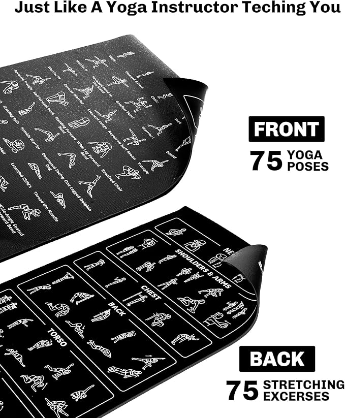 Instructional Travel Yoga Mat with 75 Poses & Exercises - Christmas Gifts for Wife and Girls, Non-slip Exercise Mat for Home Workout, Includes Carrying Bag, 68"x24"x0.25"