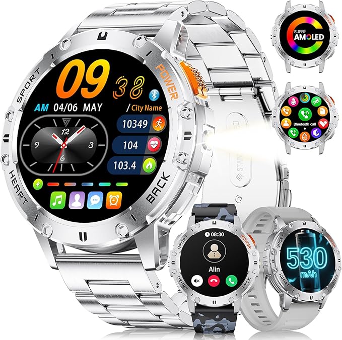 LIGE 1.43" AMOLED Smart Watch for Men with Flashlight, Bluetooth Calling, 100+ Sport Modes, 530mAh, IP68 Waterproof Fitness Tracker for Workout, iOS Android Compatible, Silver Steel