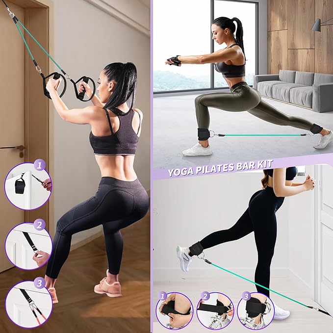 Goocrun Portable Pilates Bar Kit with Resistance Bands for Men and Women - 3 Set Exercise Resistance Bands - Multifunctional Home Gym - Supports Full-Body Workouts – with Fitness Poster and Video