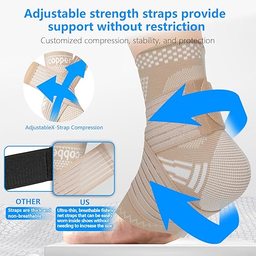 DRNAIETY Copper Ankle Brace for Men & Women - 1 Pair Adjustable Ankle Support Compression Sleeve for Plantar Fasciitis, Achilles Tendonitis, Foot Pain, Swelling, Sprains - Everyday Use (Skin Tone, X-Large)