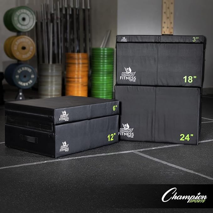 Champion Sports Foam Plyometric Box Set with 6", 12", and 18" Included - Durable Jump Boxes for Training with Handles, Hook and Loop Flaps - Stackable Cross Traning Plyo Box, Jumps for Gym