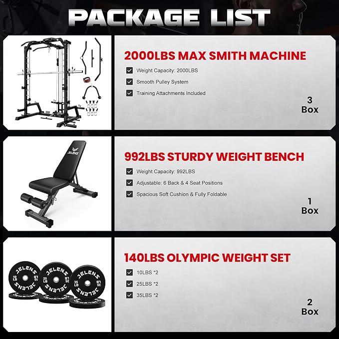 JELENS SR01 Smith Machine, 2000LBS Multi-Function Power Cage with LAT Pulldown System, All-in-One Home Gym Squat Rack with Smith Bar and Training Attachments for Full Body Workouts
